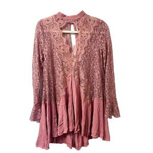 Free People Womens Pink Mini Dress Small Lace Bell Sleeve Hi Low Hem Tunic Top
